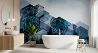 Abstract Hexagon layered stone texture wall mural in bathroom with dark blue shades., GD10263