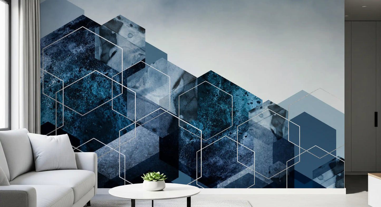 Geometric navy and light Blue wall mural with metallic outline details., GD10263