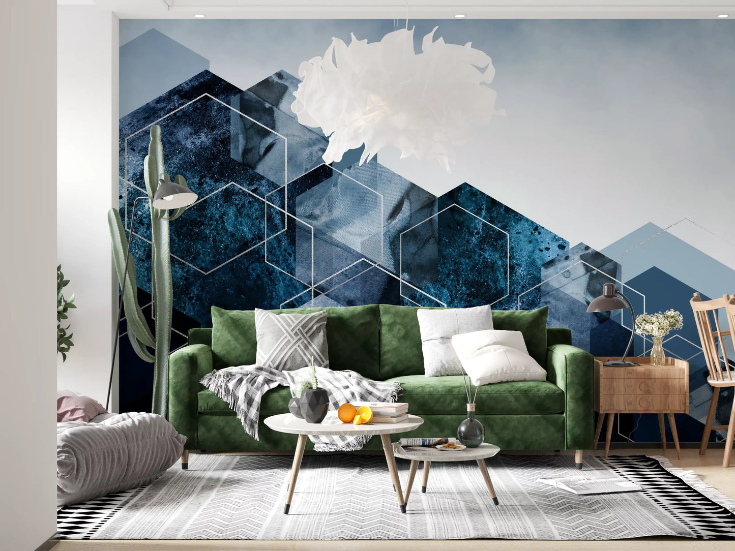 Hexagon Strata Modern Blue & Silver Wall Mural featuring deep hues., GD10263