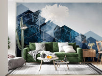 Hexagon Strata Modern Blue & Silver Wall Mural featuring deep hues., GD10263