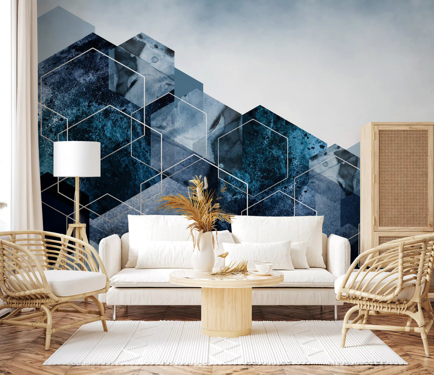 Textured blue Modern geometric wall mural with layered block patterns., GD10263