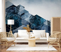 Textured blue Modern geometric wall mural with layered block patterns., GD10263