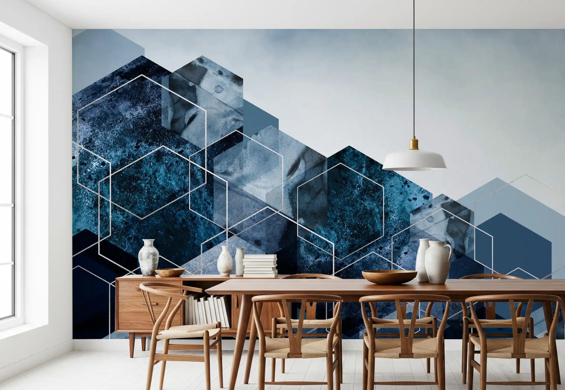 Minimalist Silver and blue 3d effect wall mural for interior spaces., GD10263