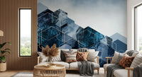 Hexagon Strata Modern Blue and Silver Mural for living room walls., GD10263