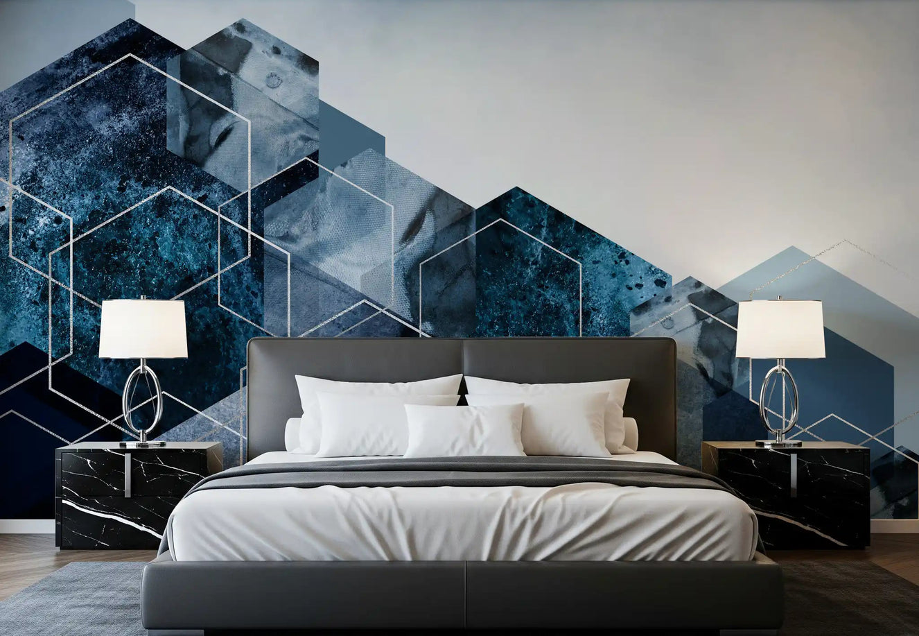 Hexagon Strata Modern Blue and Silver Wall Mural for bedroom interiors.