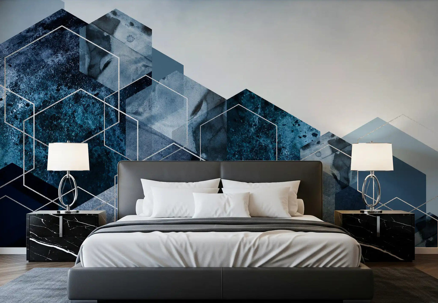Hexagon Strata Modern Blue and Silver Wall Mural for bedroom interiors., GD10263