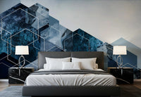 Hexagon Strata Modern Blue and Silver Wall Mural for bedroom interiors., GD10263