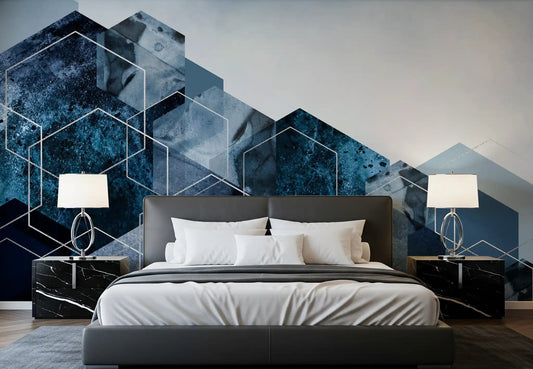 Hexagon Strata Modern Blue and Silver Wall Mural for bedroom interiors.