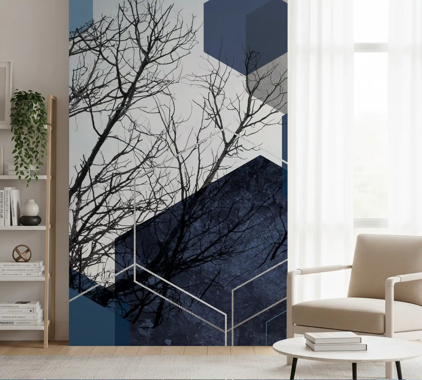Embrace abstract wall mural with dark blue shapes in small reading area., GD10264