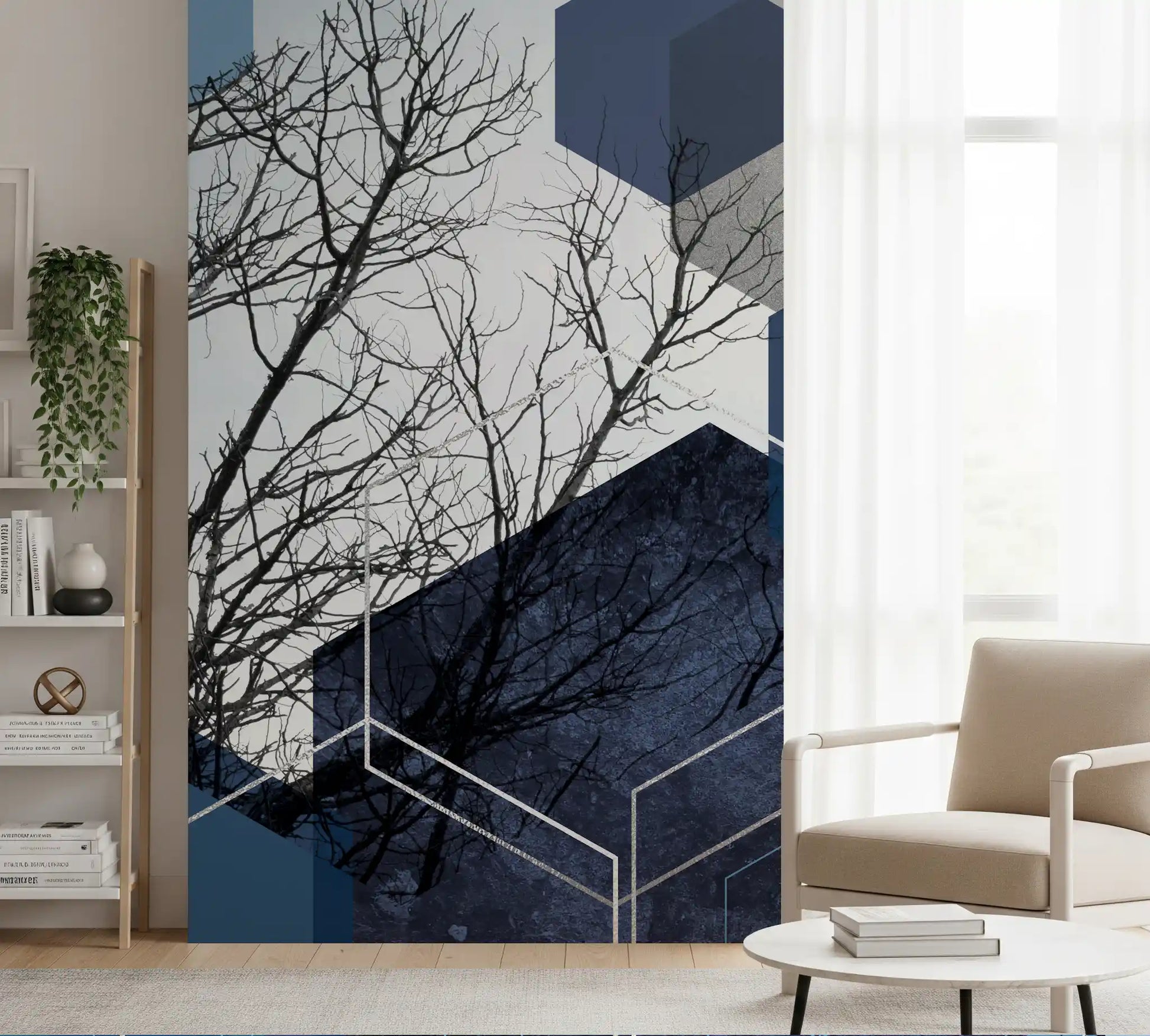 Embrace abstract wall mural with dark blue shapes in small reading area., GD10264