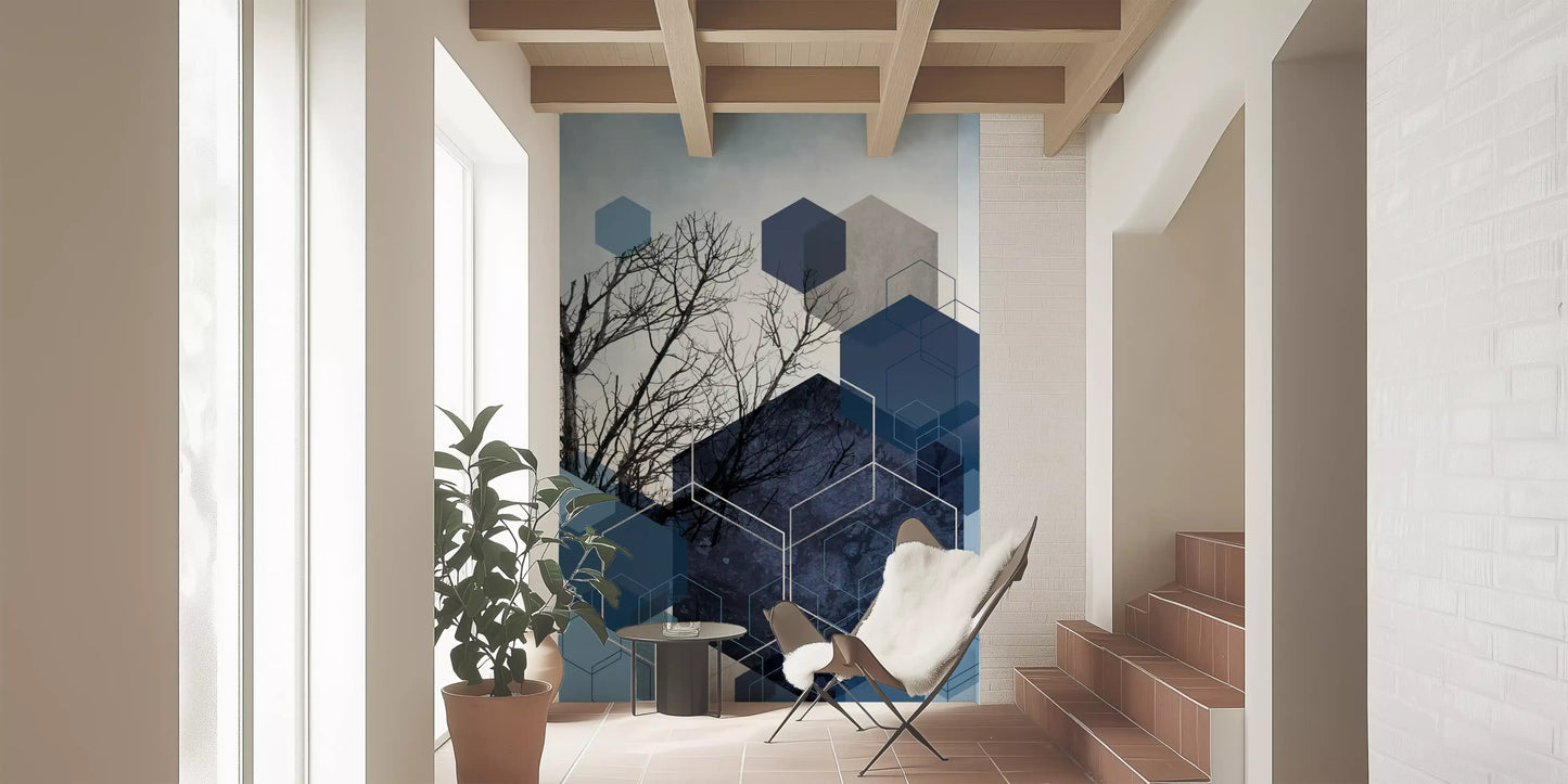 Geometric layered wall mural combining solid blue colours and bare trees., GD10264