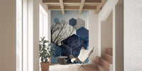 Geometric layered wall mural combining solid blue colours and bare trees., GD10264