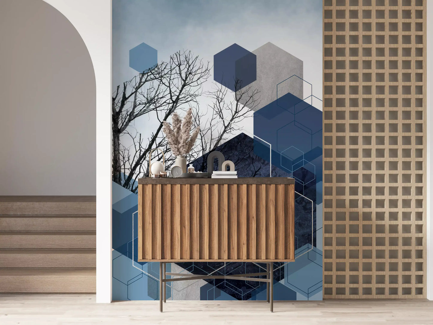 Geometric Sky Embrace Wall Mural with silver outlines and cloudy skies, GD10264