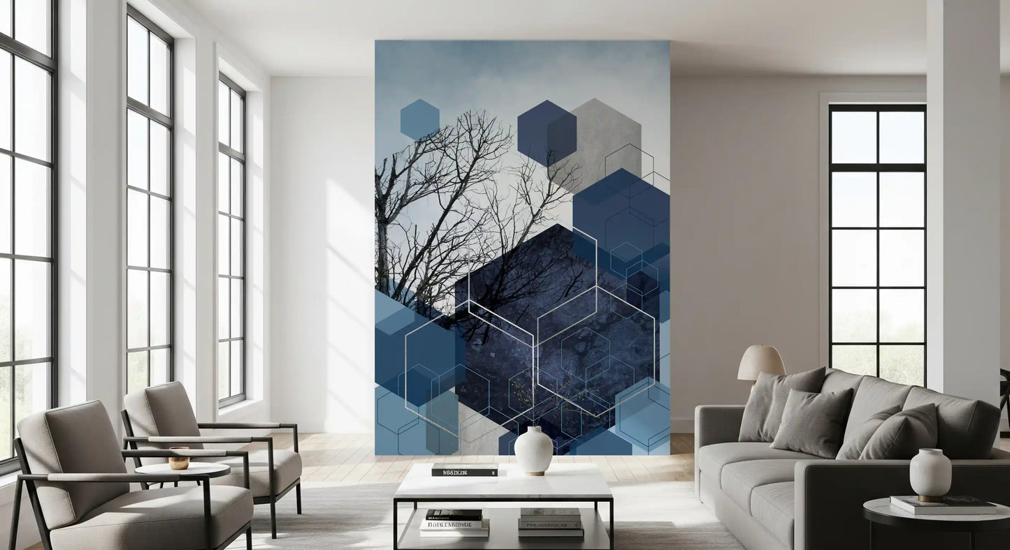 Sky dark blue wall mural with overlapping bare branch silhouettes on clouds., GD10264