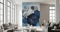 Sky dark blue wall mural with overlapping bare branch silhouettes on clouds., GD10264