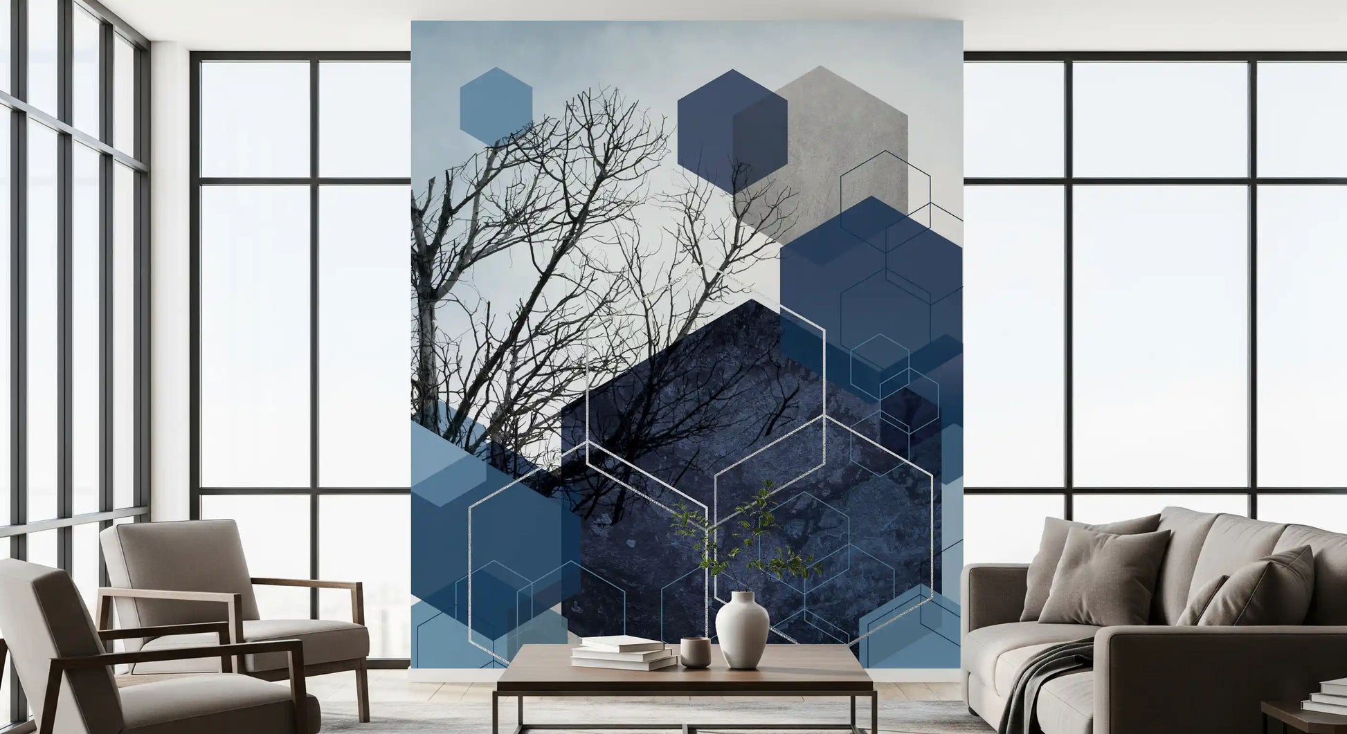 Embrace abstract wall mural featuring silver geometric outlines and trees., GD10264