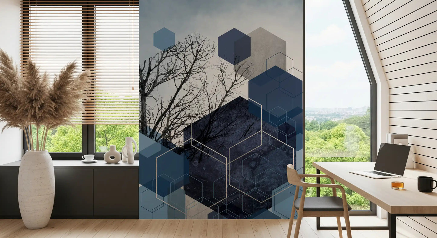 Sky contemporary wall mural with intersecting blue geometric patterns., GD10264