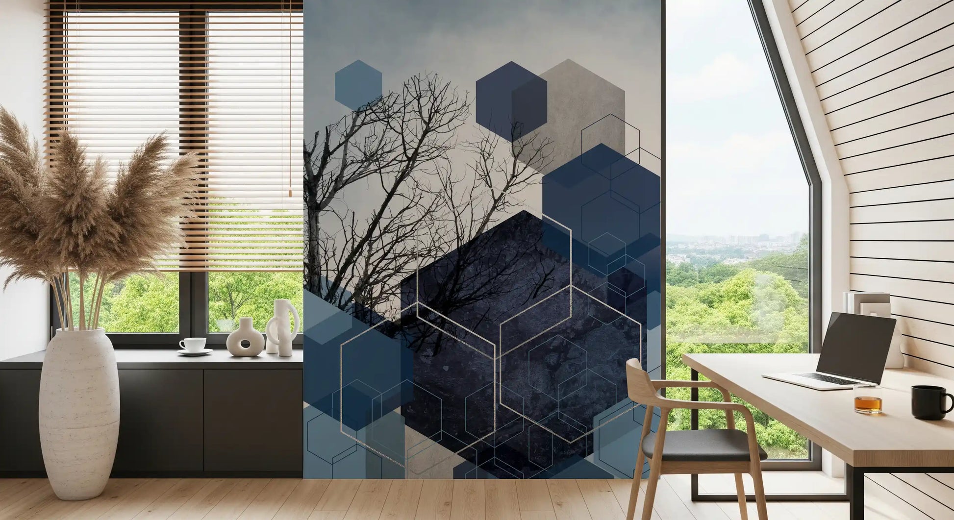 Sky contemporary wall mural with intersecting blue geometric patterns., GD10264