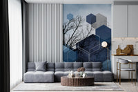 Geometric textured shapes on a winter trees mural for interior walls., GD10264