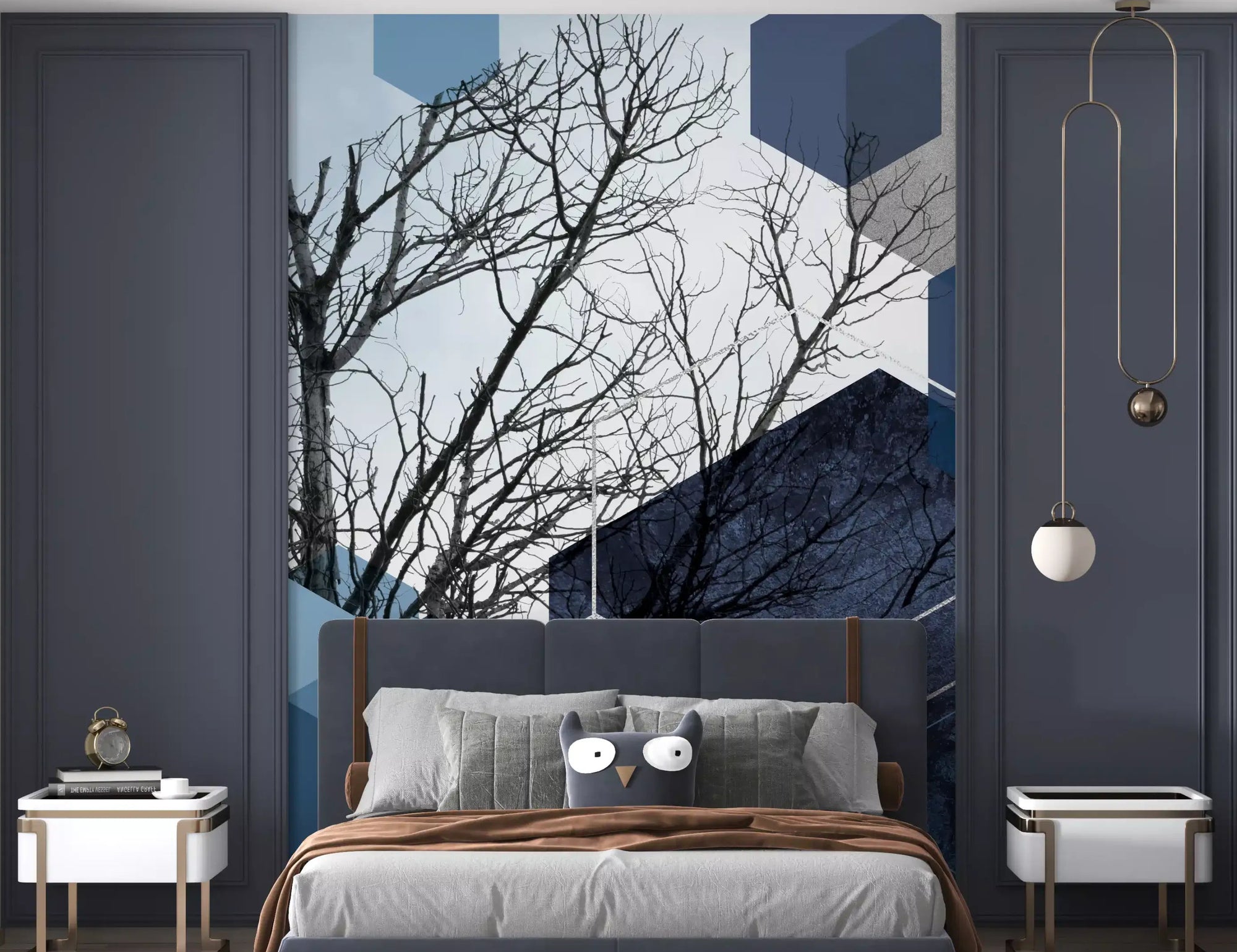 Geometric Sky Embrace Wall Mural with blue hexagons shapes in bedroom., GD10264