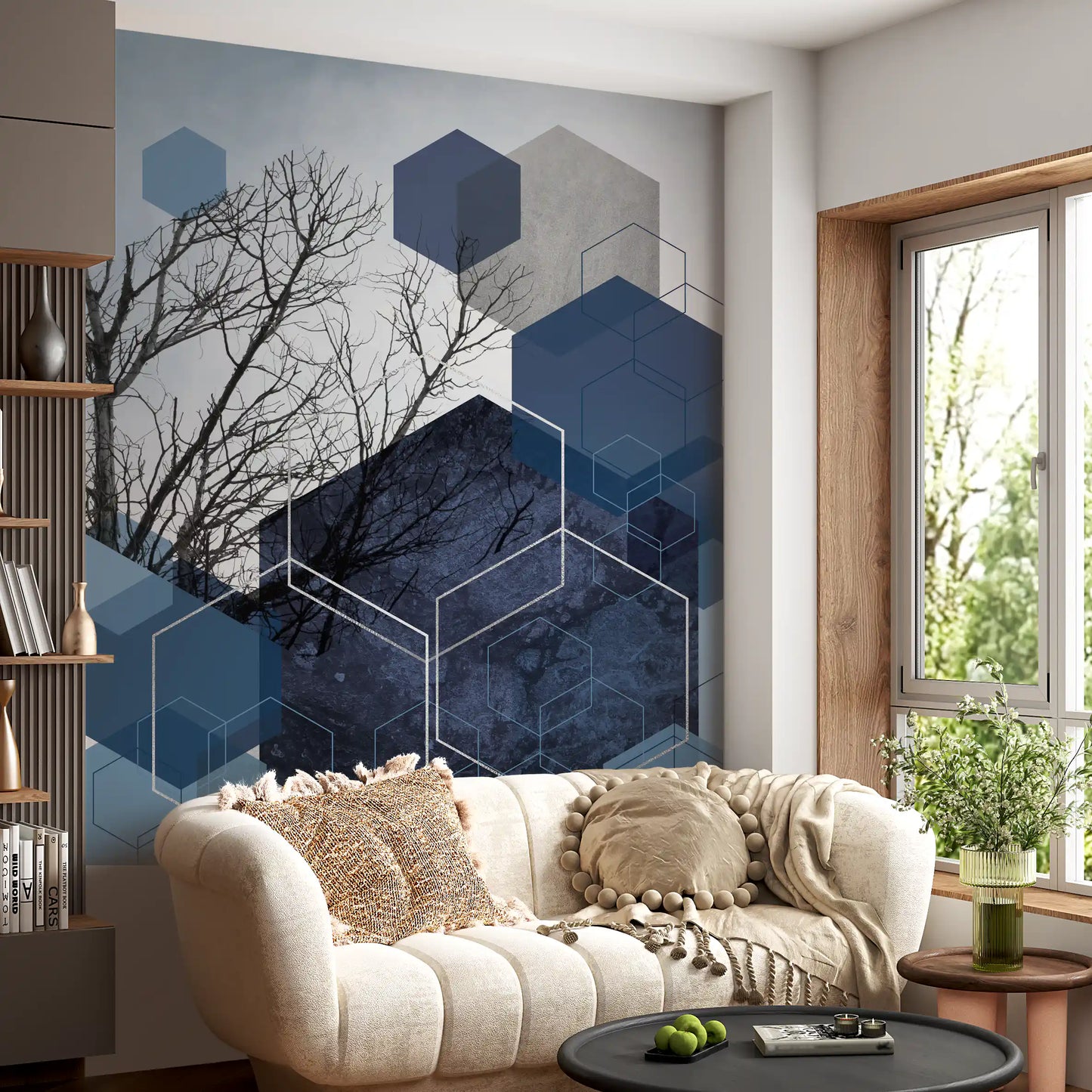 Geometric Sky Embrace Wall Mural featuring trees for living room., GD10264