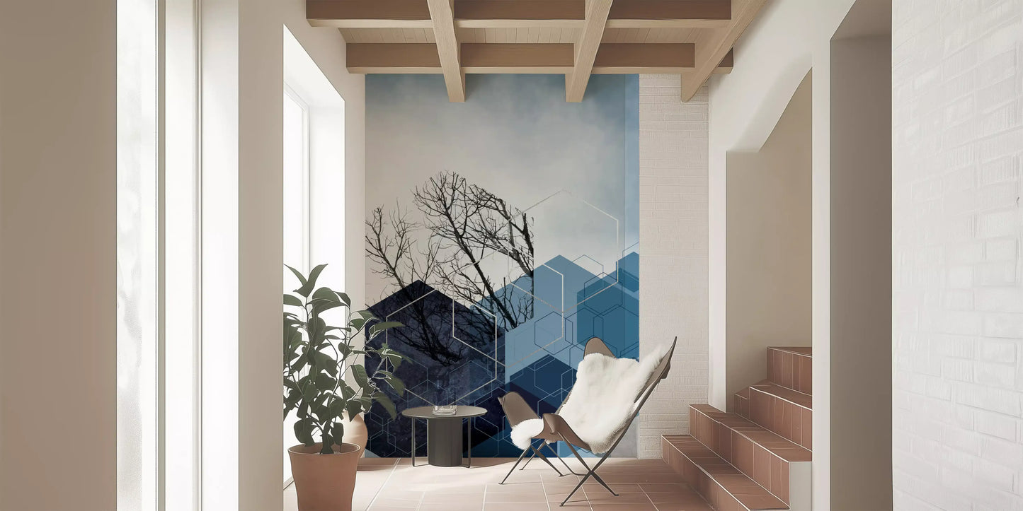 The Blue Hexagon Winter Branch Wall Mural for modern home., GD10265