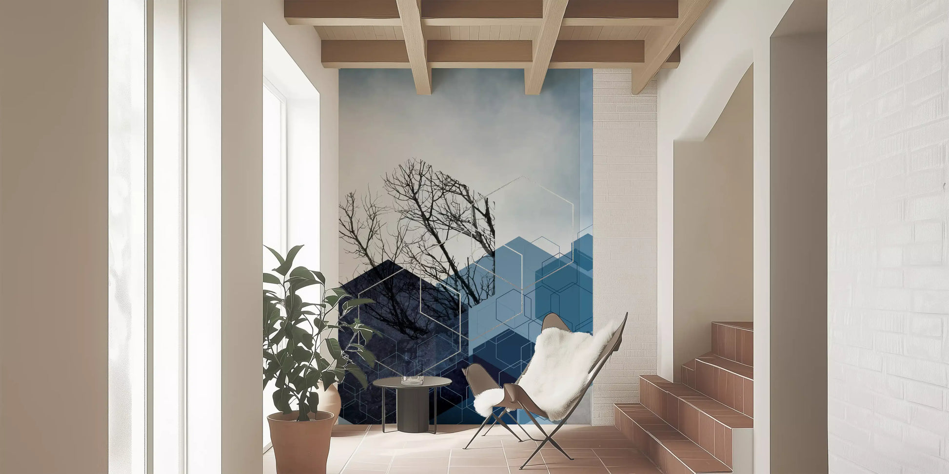 The Blue Hexagon Winter Branch Wall Mural for modern home., GD10265