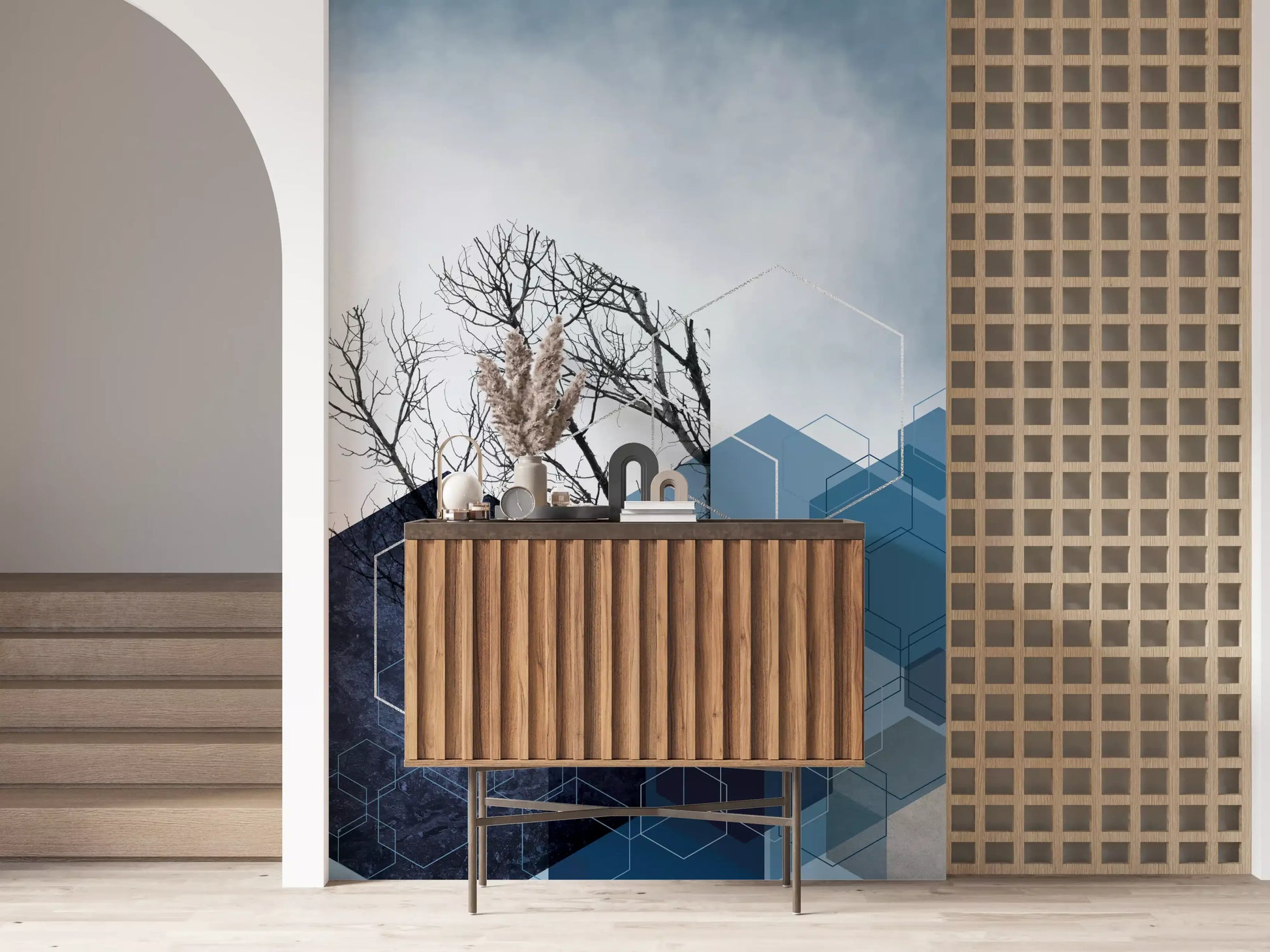 Layered Hexagon wall mural showcasing photographic tree silhouette details., GD10265