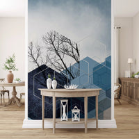 Geometric Winter wall mural displaying blue shapes and tree silhouettes., GD10265