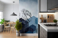 Abstract Hexagon wall mural featuring tree graphics in kitchen area., GD10265
