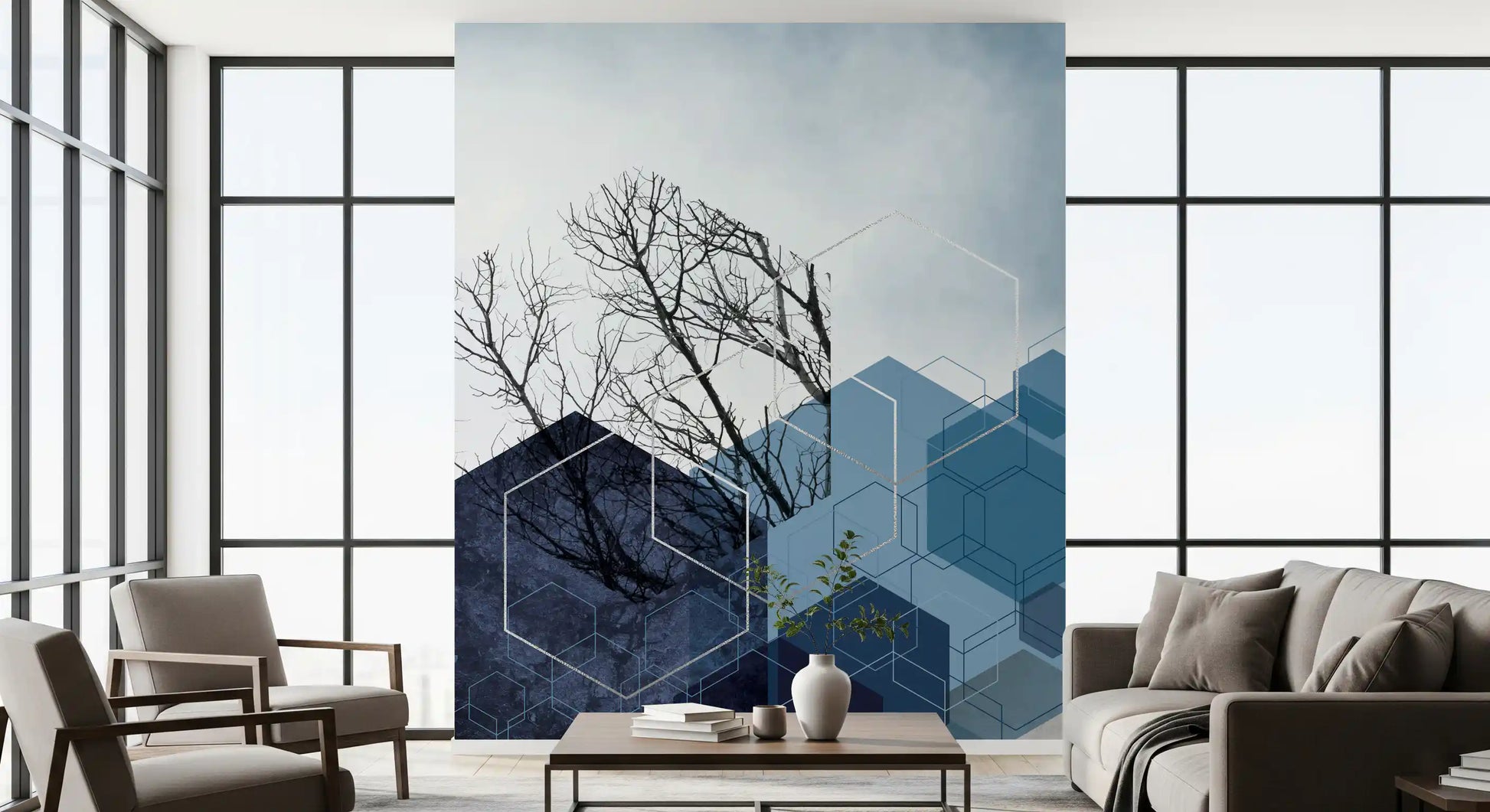 Abstract Branch wall mural blending natural elements with blue blocks., GD10265