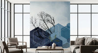 Abstract Branch wall mural blending natural elements with blue blocks., GD10265