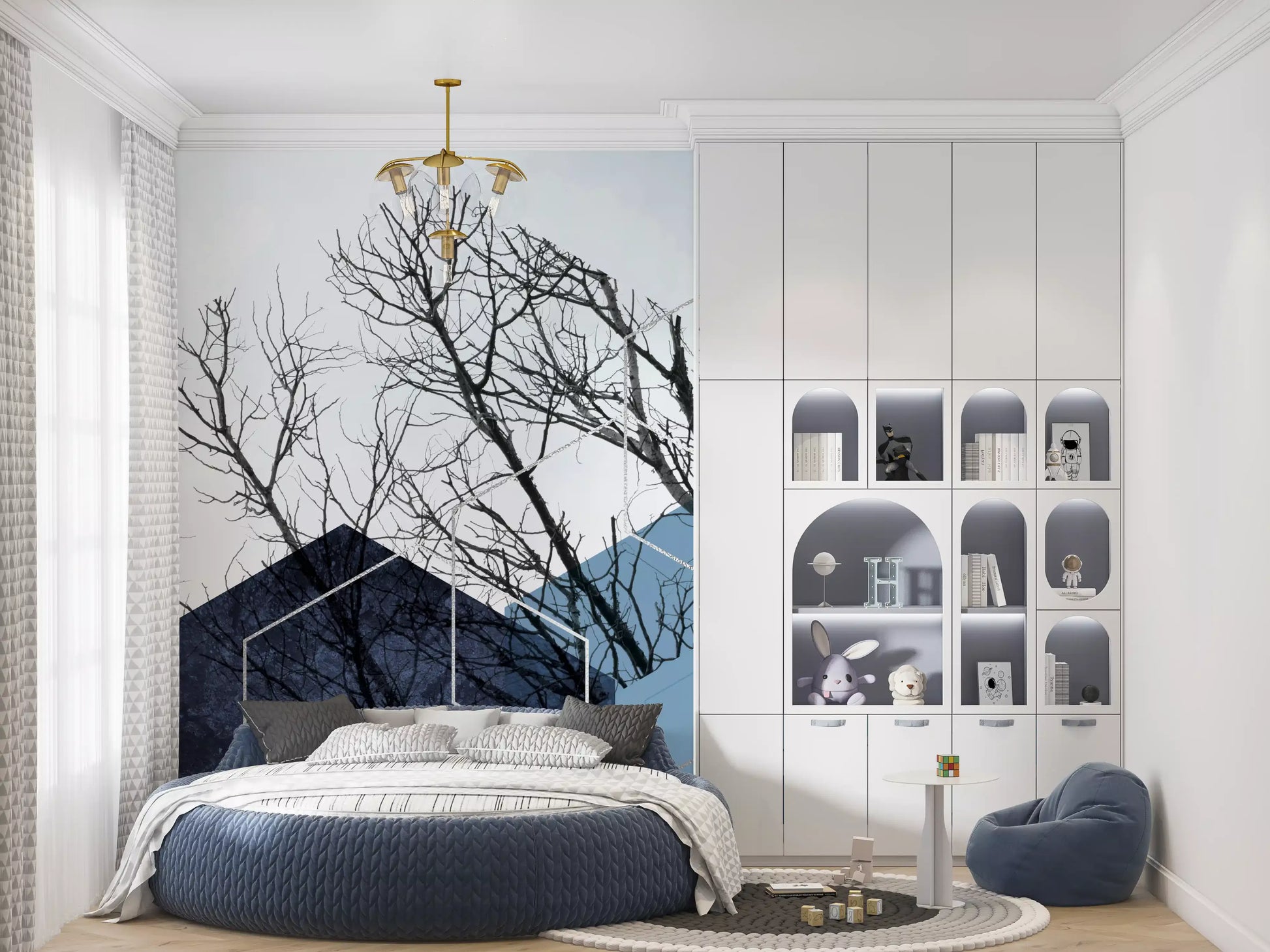 Graphic Branch wall mural featuring overlapping navy and grey polygons., GD10265