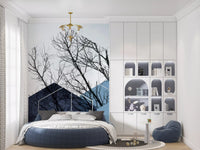 Graphic Branch wall mural featuring overlapping navy and grey polygons., GD10265
