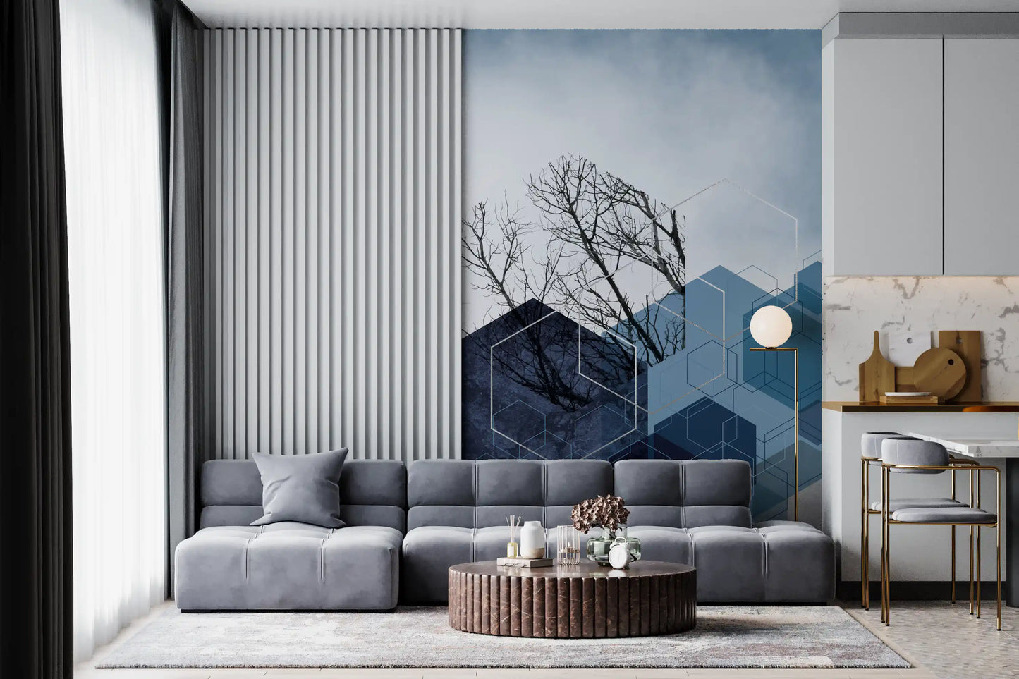 Blue Hexagon Winter Branch Wall Mural for modern living room interiors., GD10265
