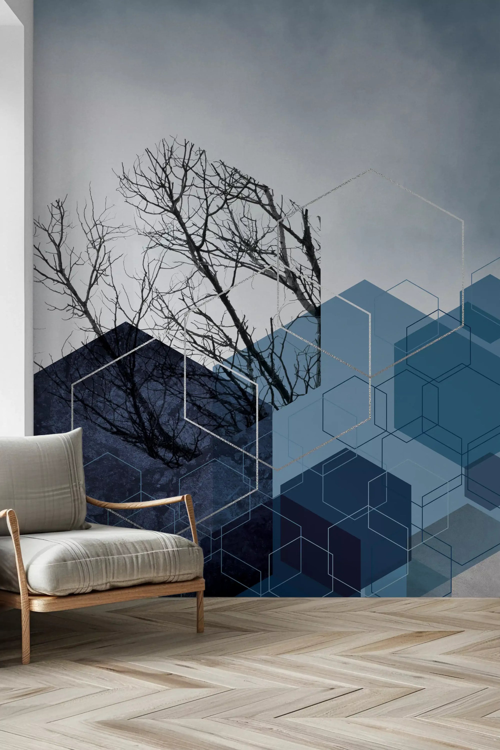 Modern Blue wall mural displaying nature and geometric art in a hallway., GD10265