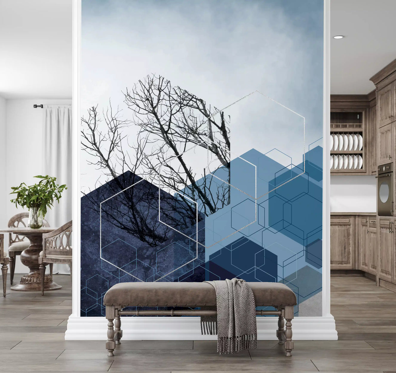 Geometric Blue Hexagon Winter Branch Wall Mural with silver outlines.