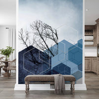 Geometric Blue Hexagon Winter Branch Wall Mural with silver outlines., GD10265