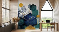 Teal and navy abstract Geometry wall mural displaying small flying birds., GD10266