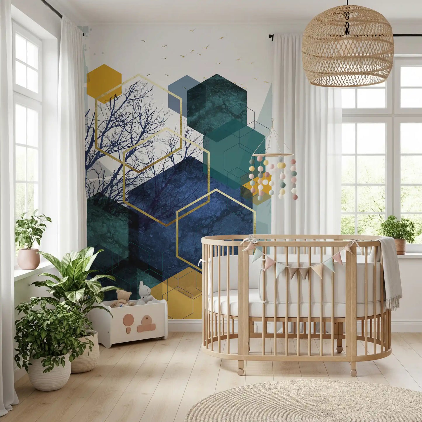 Minimalist geometric wall mural illustrating dark branches and golden lines., GD10266
