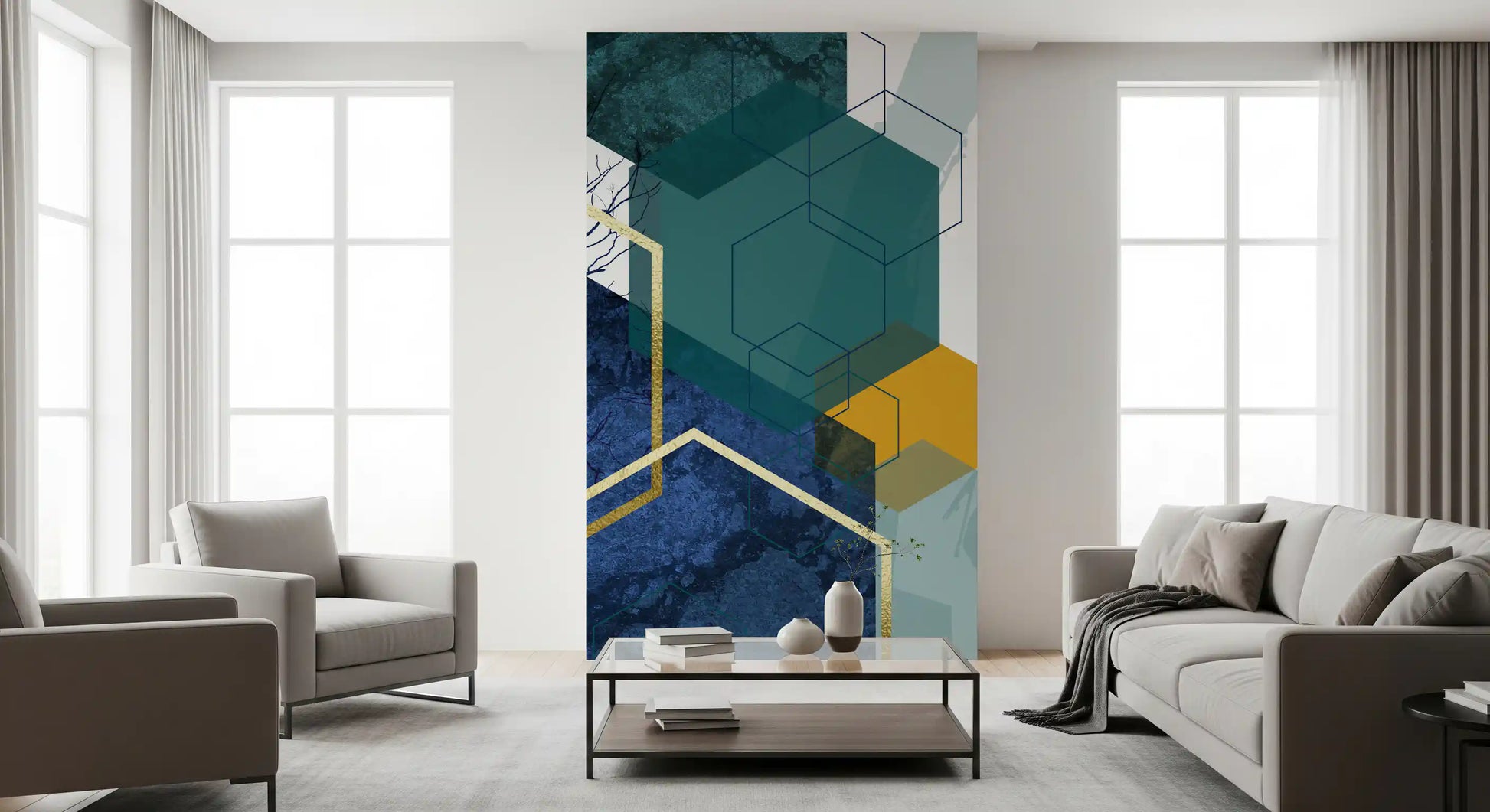Golden Branch Geometry Wall Mural in living area with modern art., GD10266
