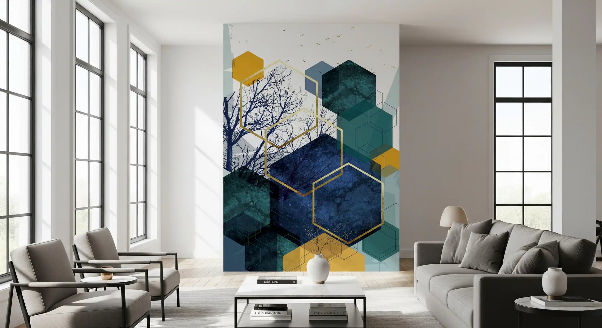 White background wall mural showing mustard hexagons and Branch details., GD10266