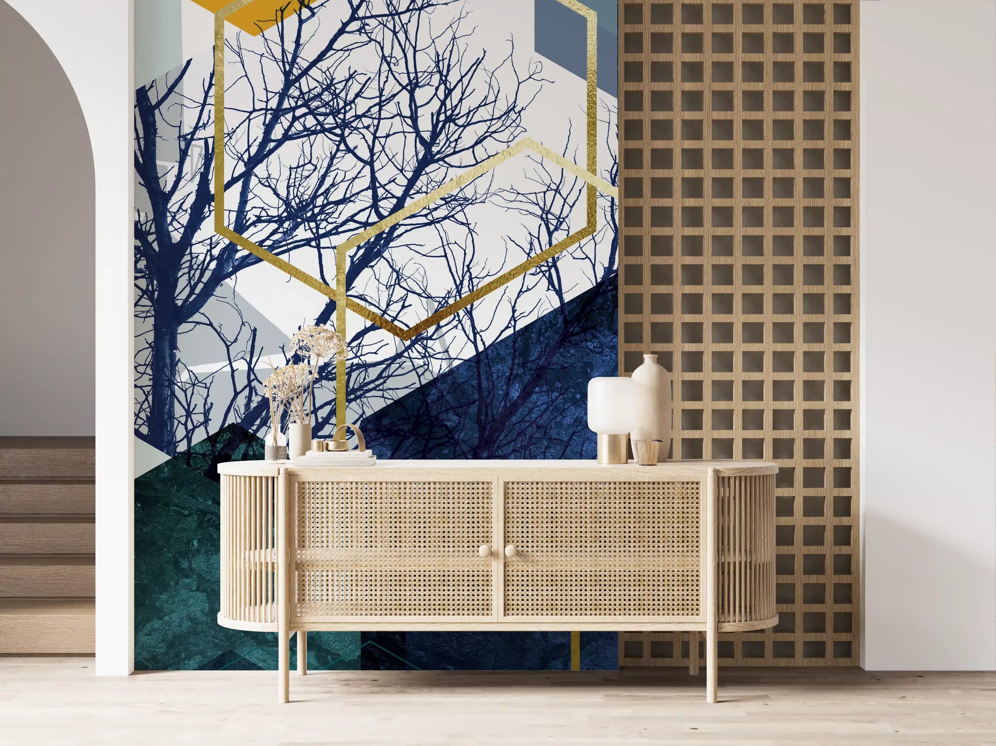 Golden Branch Geometry Wall Mural presenting teal blocks on a white base., GD10266