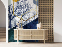 Golden Branch Geometry Wall Mural presenting teal blocks on a white base., GD10266