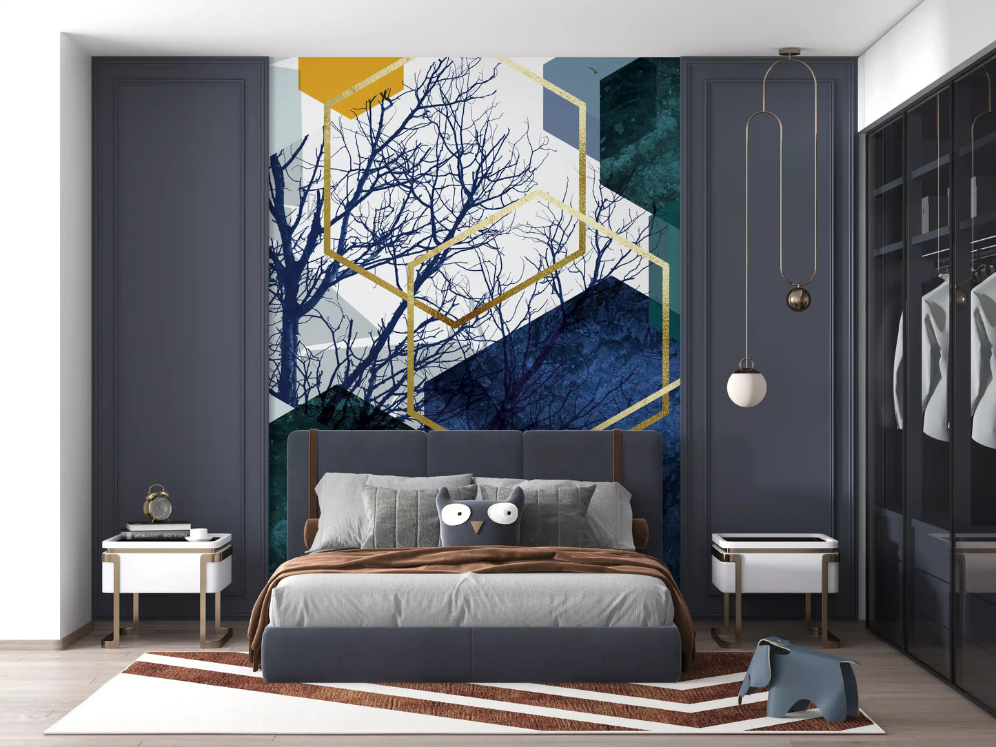 Geometric blue and yellow hexagon wall mural featuring bare tree branches., GD10266