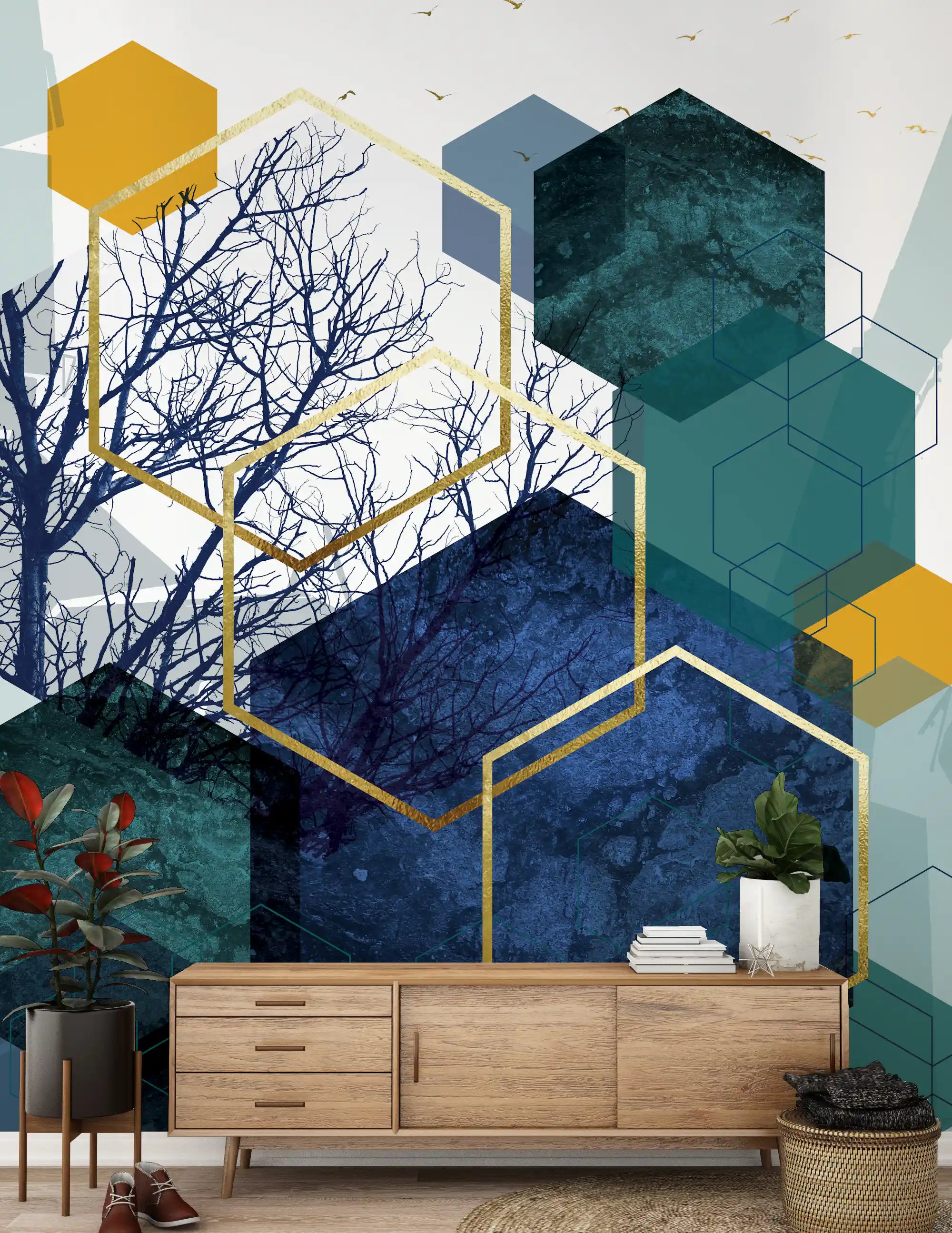 Golden Branch Geometry Wall Mural for a modern minimalist hallway., GD10266