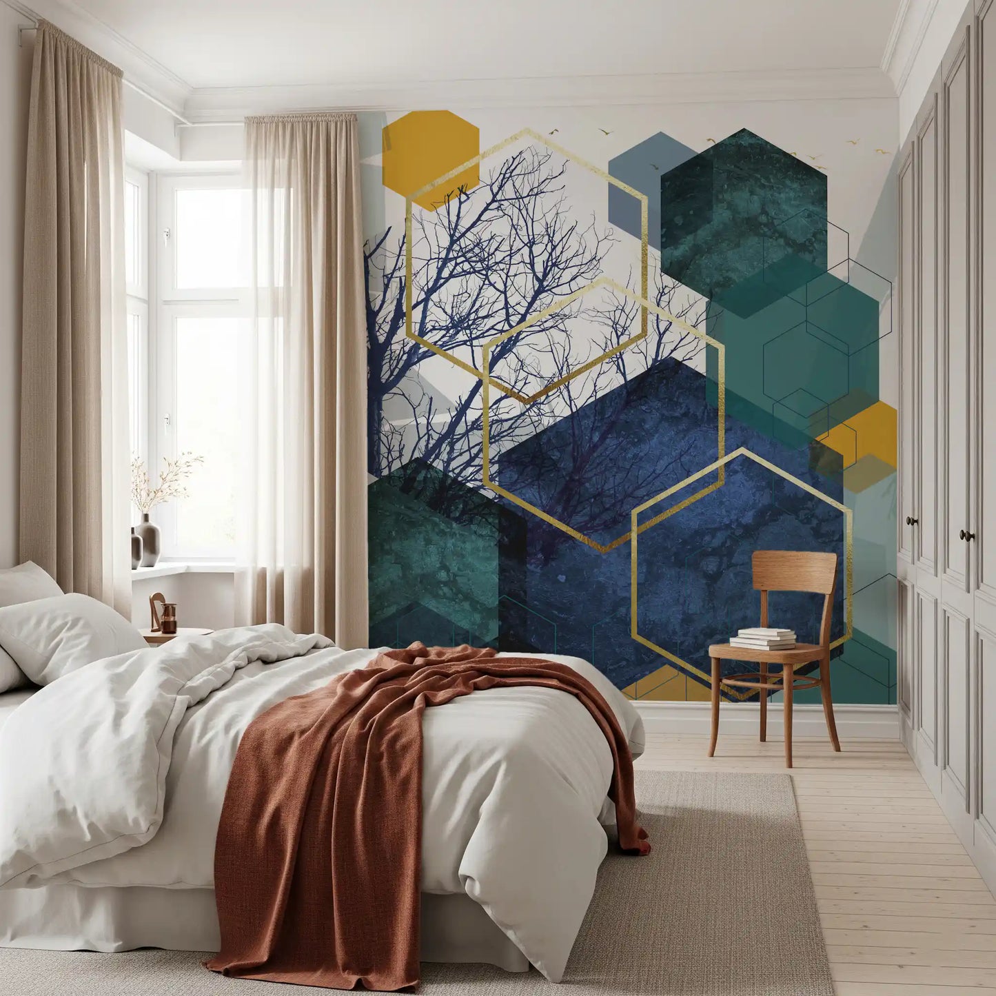 Golden hexagon shapes mural with overlaying tree silhouettes on bedroom wall., GD10266