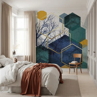 Golden hexagon shapes mural with overlaying tree silhouettes on bedroom wall., GD10266