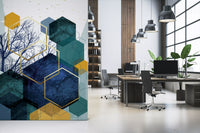 Golden Branch Geometry Mural designed for an office interior feature wall., GD10266