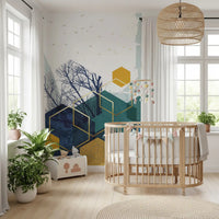 Contemporary Hexes wall mural with teal blocks in nursery., GD10267